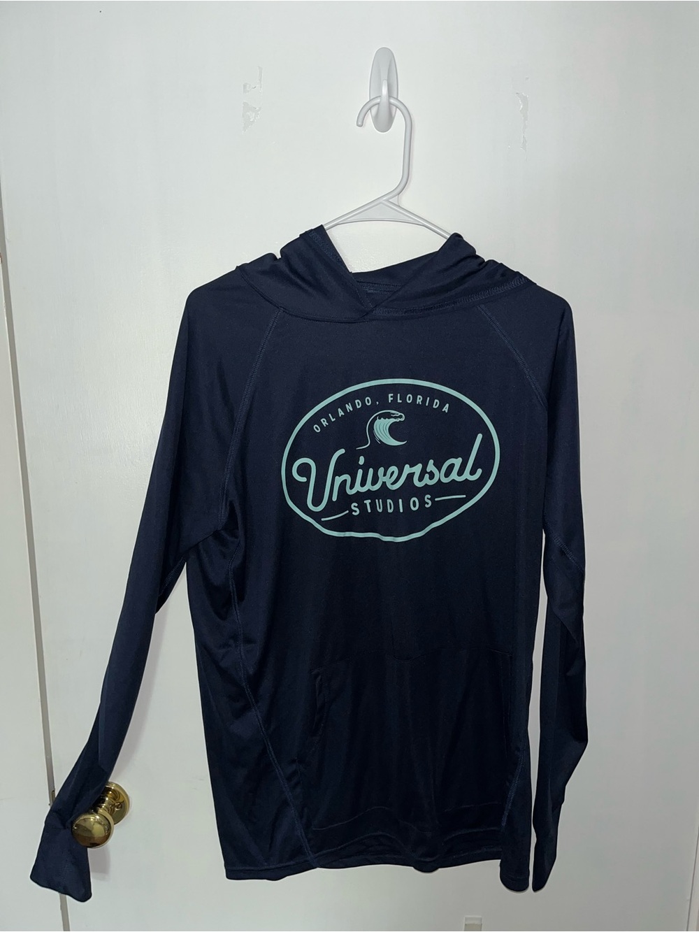 Universal Navy Hoodie Tee with Light Aqua Logo